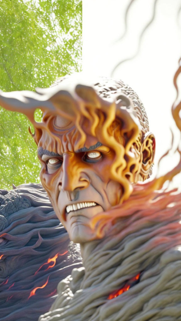 Fiery demonic sculpture with intense eyes and flame hair in close-up shot