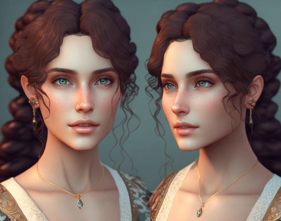 Digital art portrait featuring twin females with braided hair, green eyes, and golden jewelry.