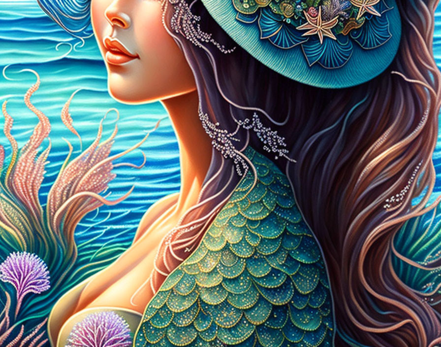 Colorful Mermaid Illustration with Detailed Scales and Marine Life Hat