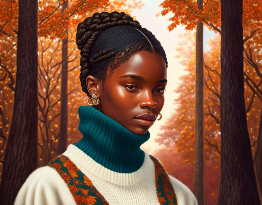 Woman with braided hair in green turtleneck among autumn forest.