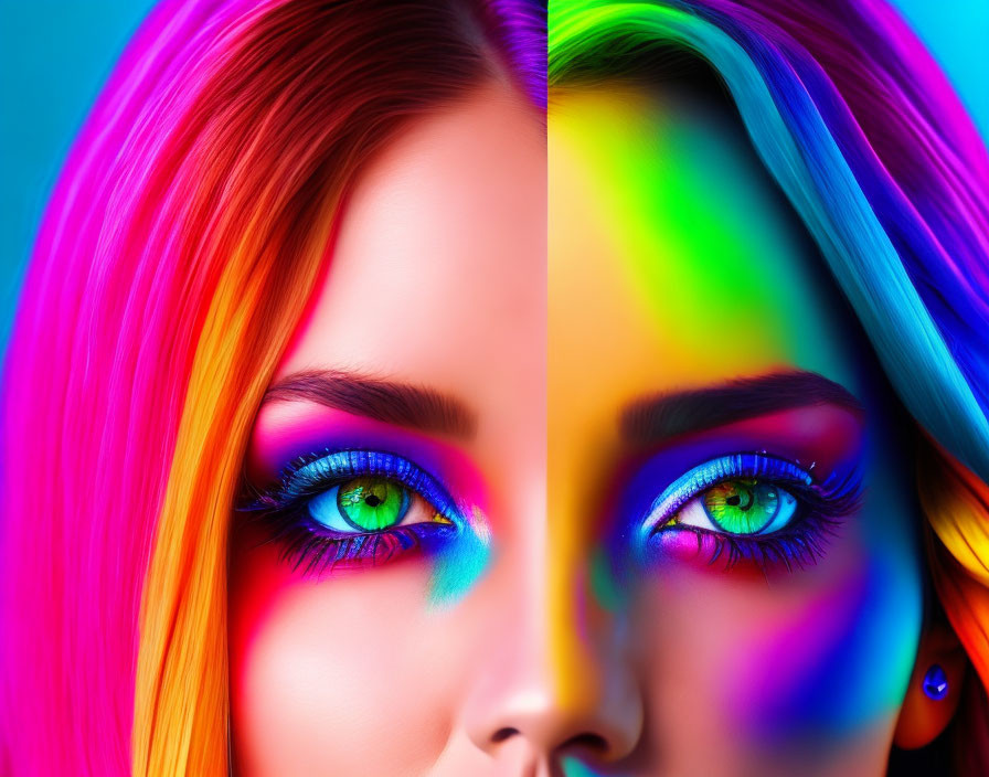 Colorful Close-Up Portrait of Woman with Neon Makeup