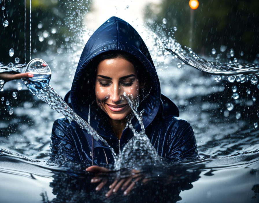 Woman in Blue Hooded Jacket Smiling in Night Rain Shower