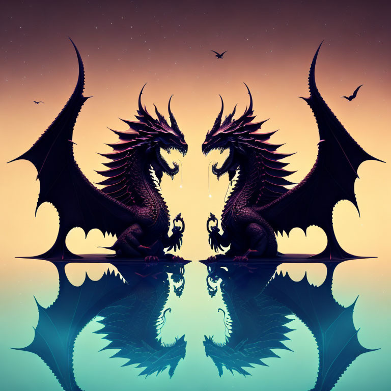 Silhouetted dragons at sunset with reflections and birds in sky