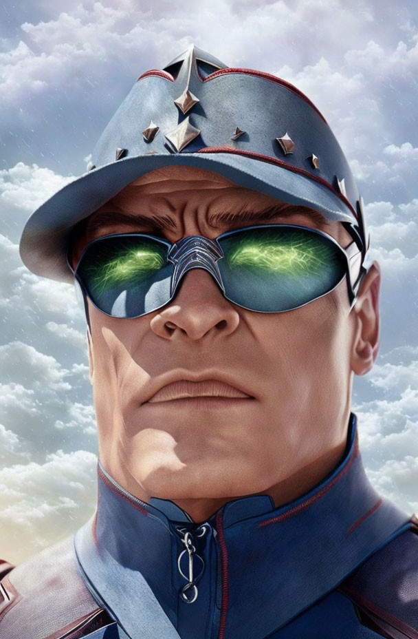 Detailed Illustration: Superhero with Star-Spangled Helmet, Blue Suit, and Green Goggles