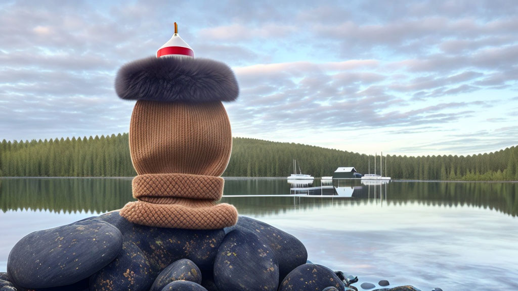 Person in warm attire gazes at tranquil lake with boats and forest at dusk or dawn