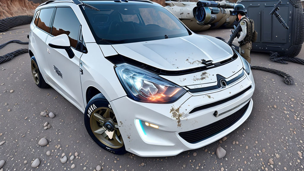 Futuristic white car with blue illuminated front grille on rocky terrain with mechanical structure