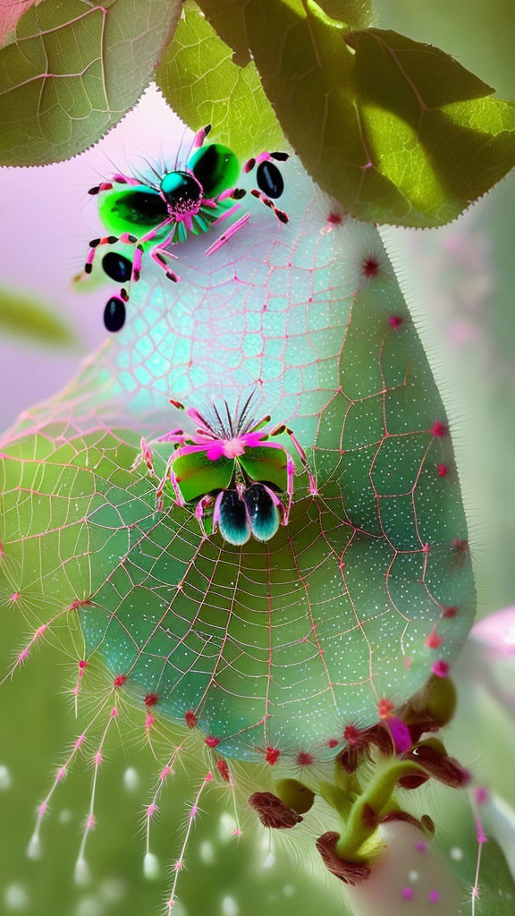 Intricate spider web with dewdrops and colorful spider on green leaves against dreamy pink and green