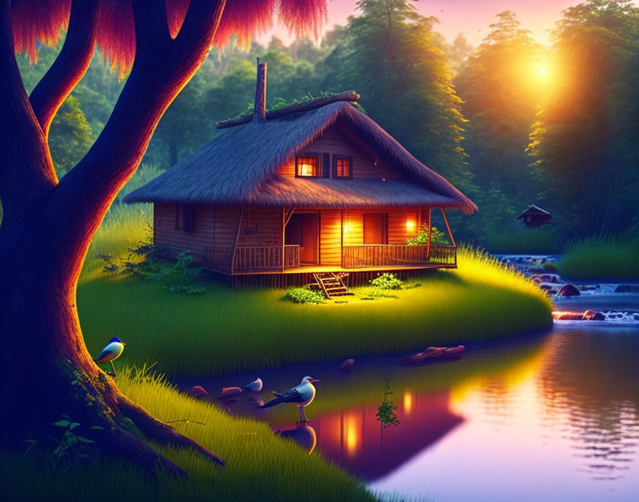 Rustic wooden cottage by pond at sunset with lush greenery and glowing interior