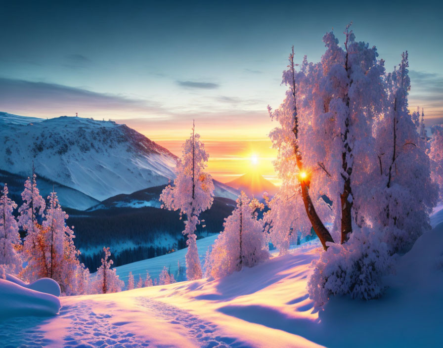 Snowy landscape at sunrise with frost-covered trees and mountains