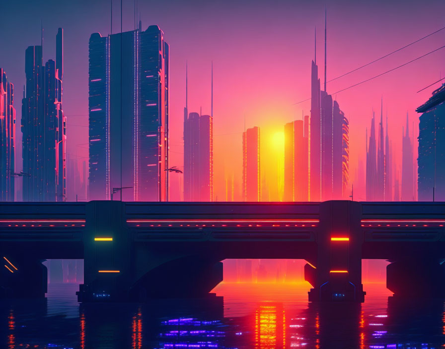 Futuristic sunset cityscape with neon lights, skyscrapers, and bridge