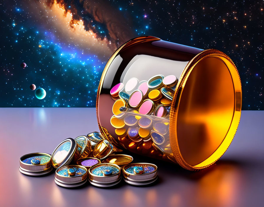 Colorful cosmic pill bottle spilled on starry space background