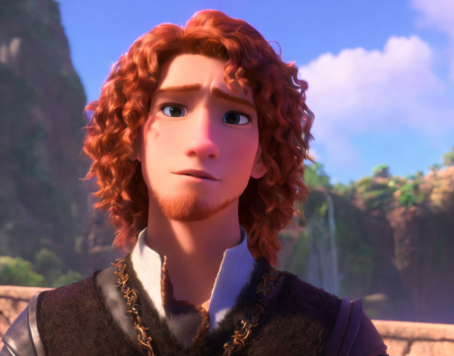 Curly Red-Haired 3D Character in Medieval Attire Outdoors