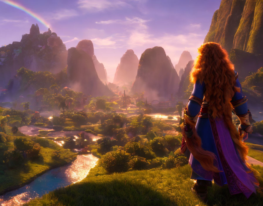 Red-haired female character gazes at fantastical valley with river, peaks, greenery, and rainbow