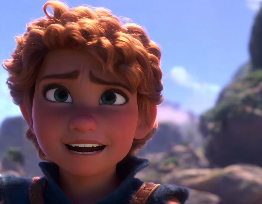 Animated character with curly red hair and green eyes in close-up view