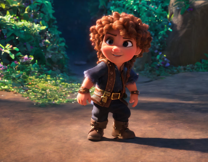 Curly Brown-Haired 3D Animated Character in Forest Scene