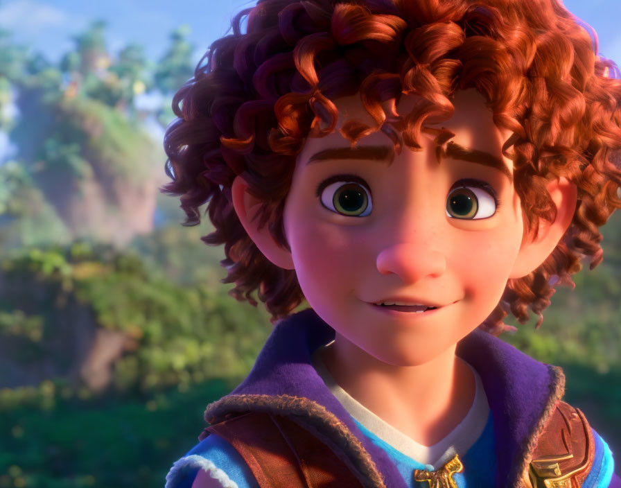 Young animated character with curly red hair and green eyes in sunny setting