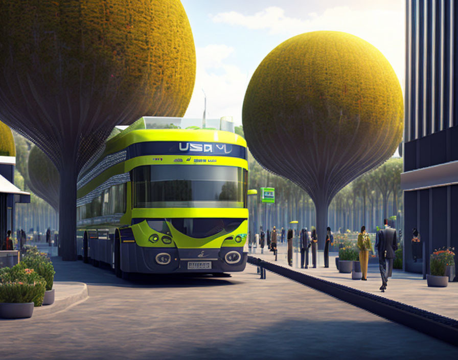 Futuristic double-decker bus with "USAV" branding at modern station surrounded by tall trees