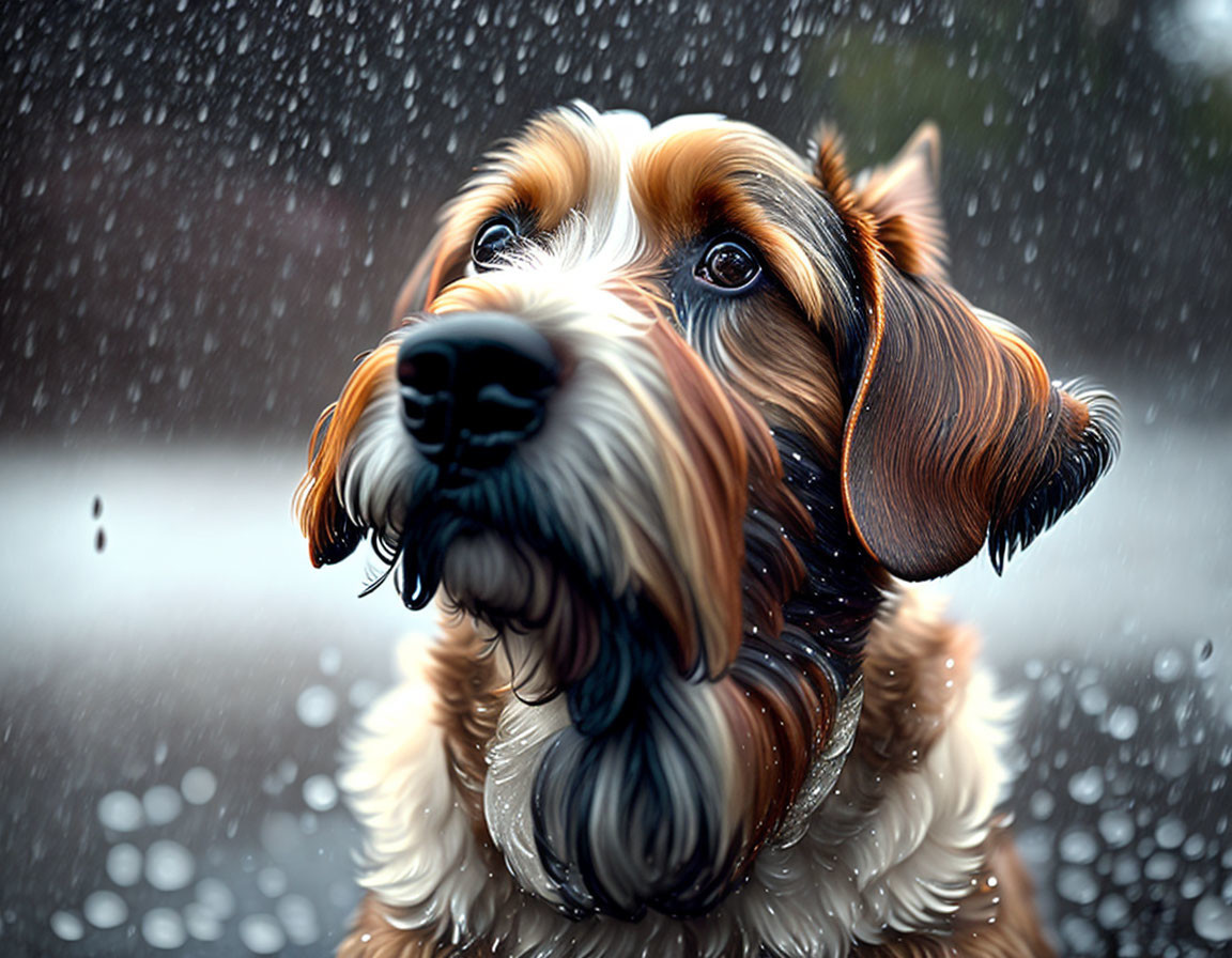 Fluffy brown and black dog in rain with serene atmosphere