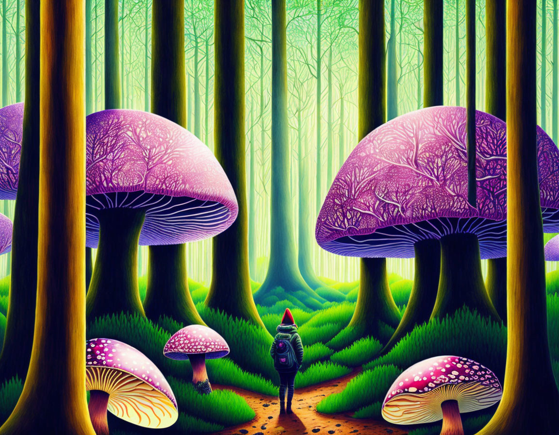 Surreal forest scene with oversized mushrooms and lone figure in ethereal light