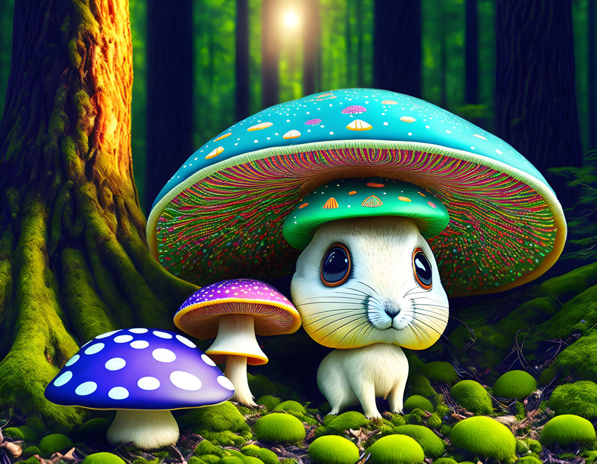 Colorful Rabbit Illustration with Mushroom Cap in Vibrant Forest