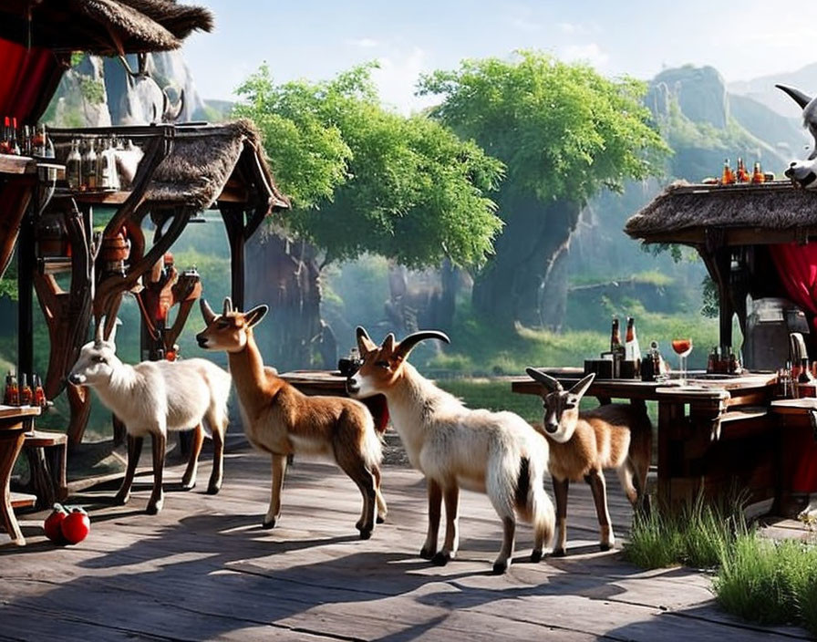 Vibrant outdoor market scene with animated llamas and mountains