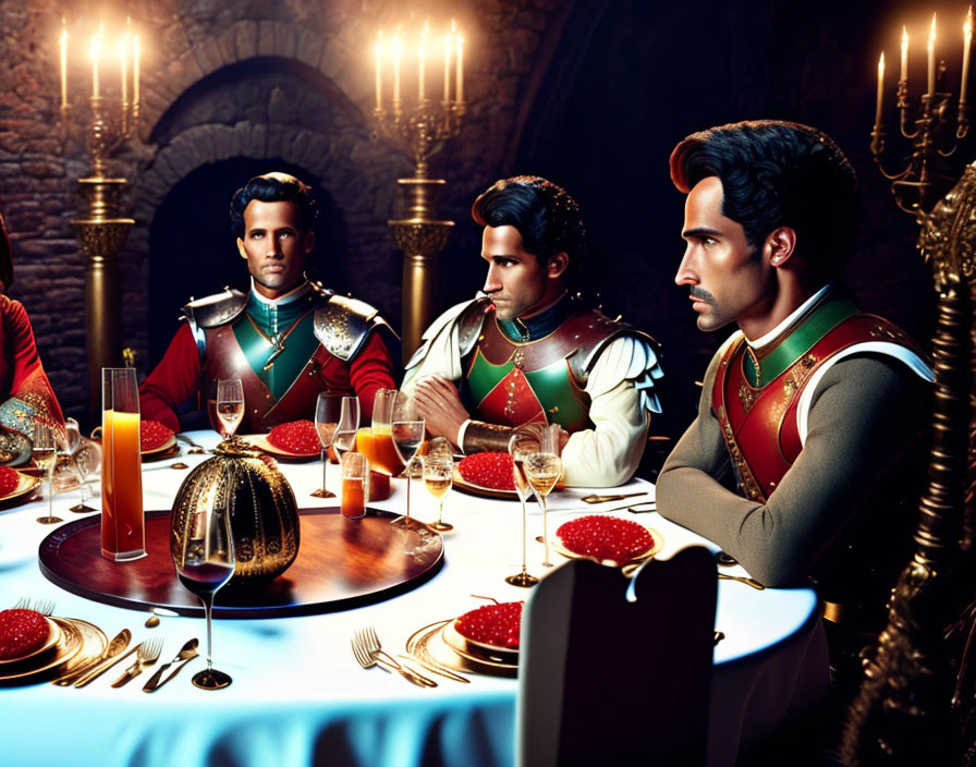 Military officers at medieval banquet table under candlelight