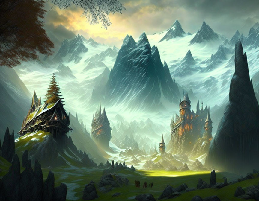 Snow-capped mountains, misty valleys, and whimsical medieval structures in fantasy landscape