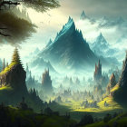 Snow-capped mountains, misty valleys, and whimsical medieval structures in fantasy landscape