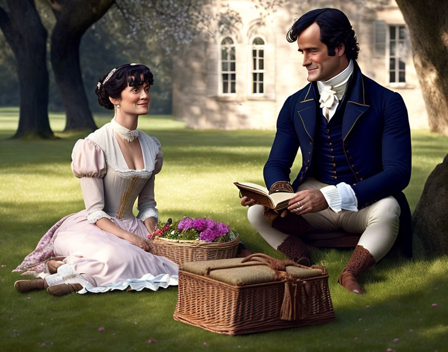 Man and woman in period attire reading near castle-like building