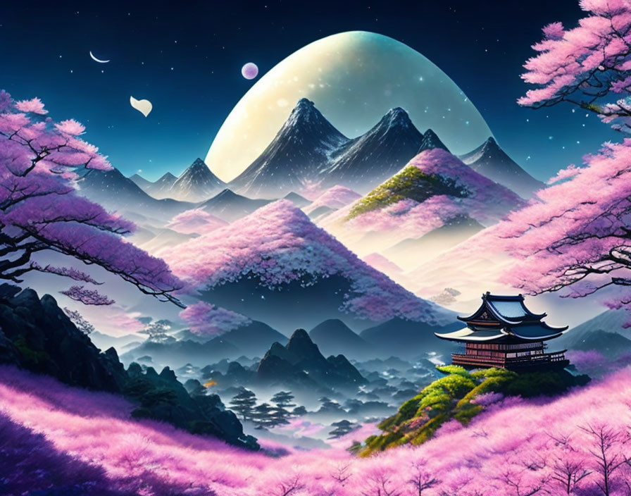 Fantasy landscape with pink cherry blossoms, pagoda, misty mountains, and heart-shaped moon