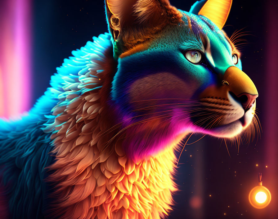 Colorful digital art: Side profile of fantastical feline against cosmic backdrop