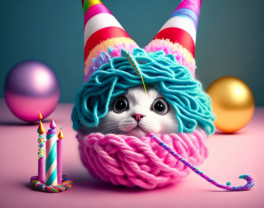 Whimsical cat with large eyes in pink yarn and party hat with candle and golden ball