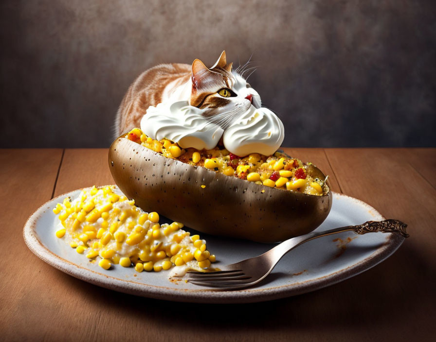 Cat mistaken for baked potato with whipped cream and corn beside real potato with corn.