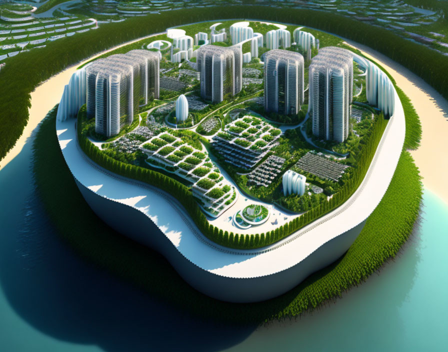 Futuristic city concept with green rooftops and lush gardens on water island