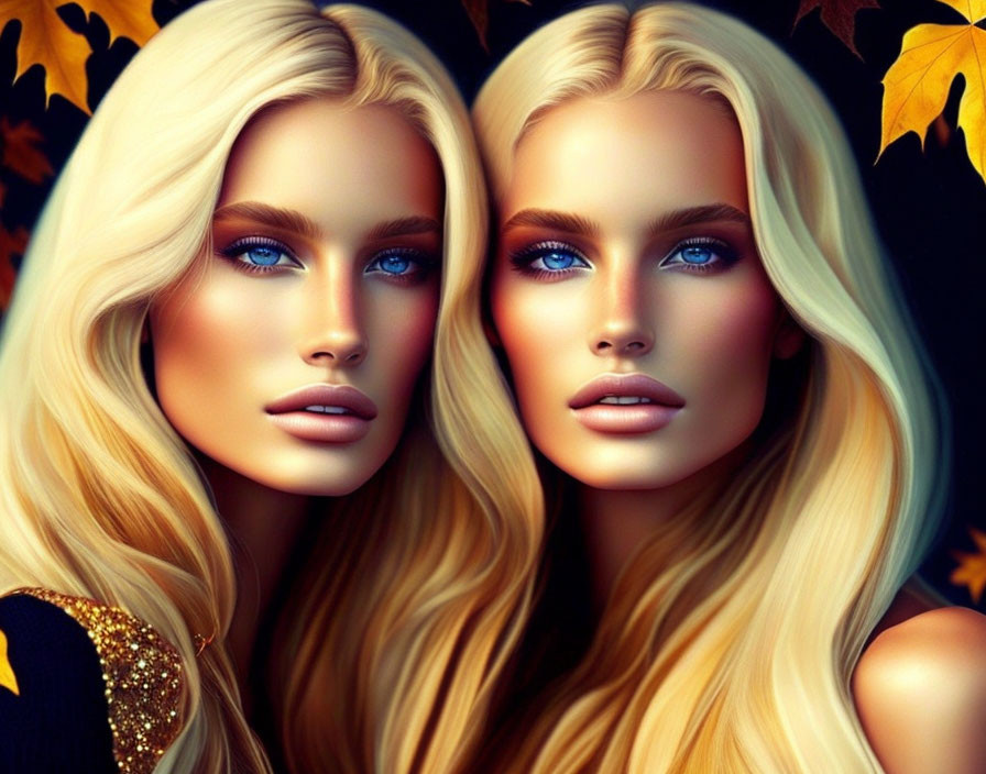 Identical digital female models with blonde hair and blue eyes in autumn setting