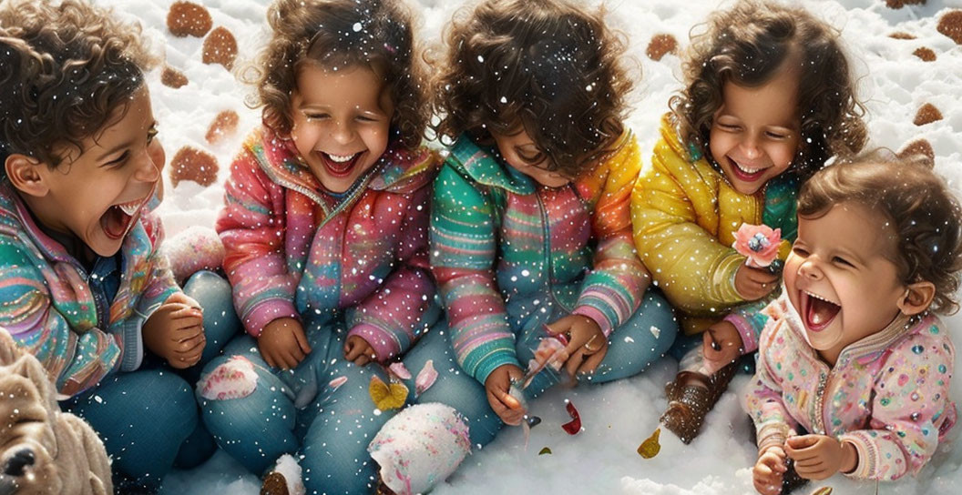 Five Toddlers in Colorful Winter Clothing Playing in Snow and Leaves