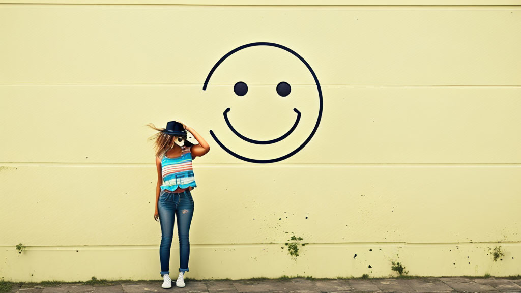 Woman in striped shirt next to smiley face drawing on yellow wall