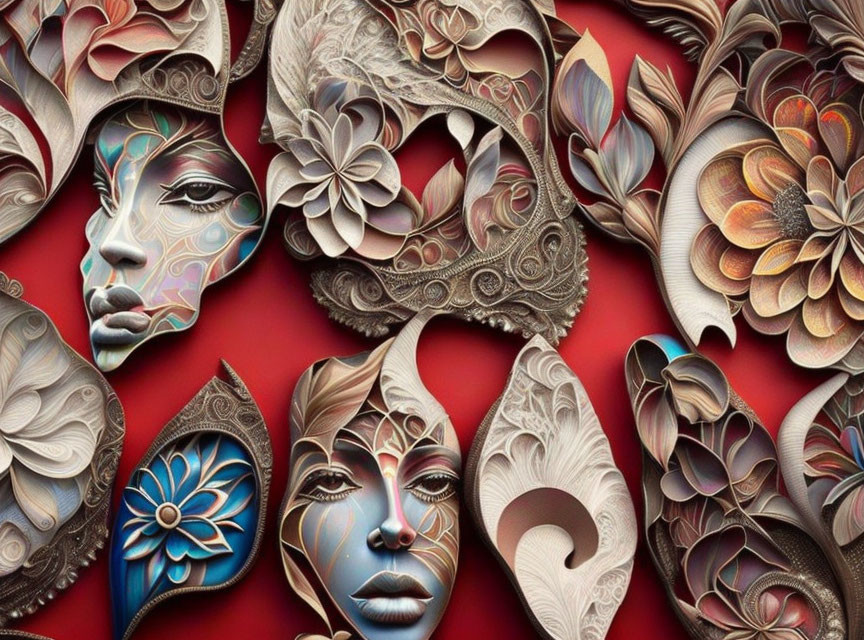 Detailed artwork of stylized female faces and floral motifs in reds, browns, and metallic hues