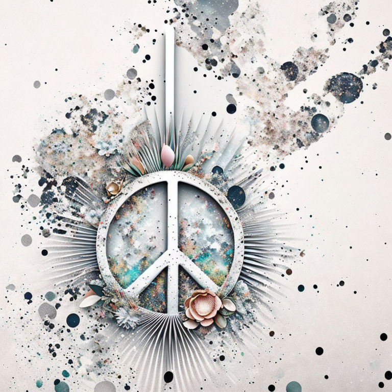 Peace Symbol Surrounded by Floral, Celestial, and Paint Splatters