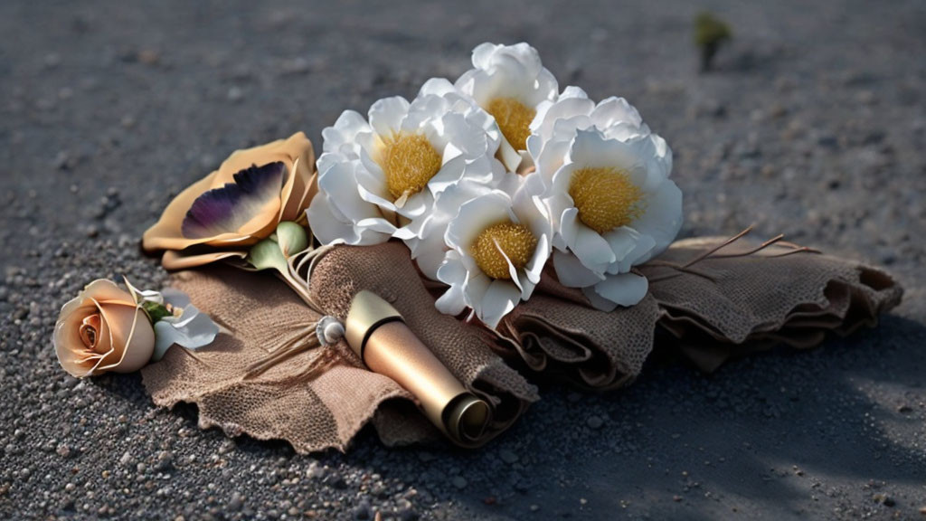 White Artificial Flower Bouquet with Yellow Centers on Burlap Fabric