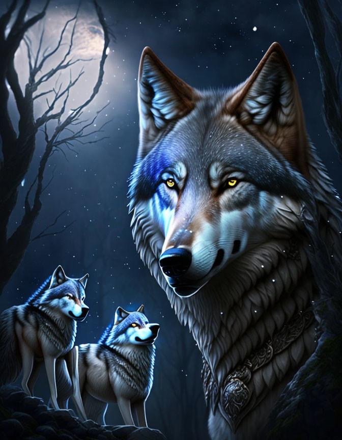 Three wolves with blue eyes in moonlit forest scene