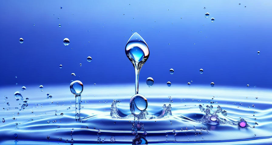 Dynamic water droplets on vibrant blue background with ripples