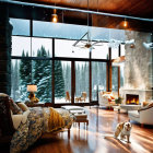 Cozy room with fireplace, dog, snowy view, warm lighting, plush furniture