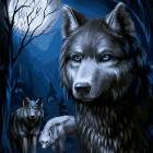 Three wolves with blue eyes in moonlit forest scene