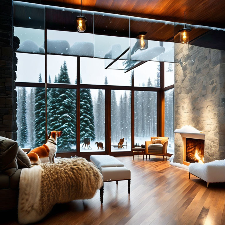 Cozy room with fireplace, dog, snowy view, warm lighting, plush furniture