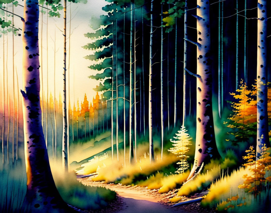 Colorful Watercolor Painting of Forest Pathway at Sunrise/Sunset