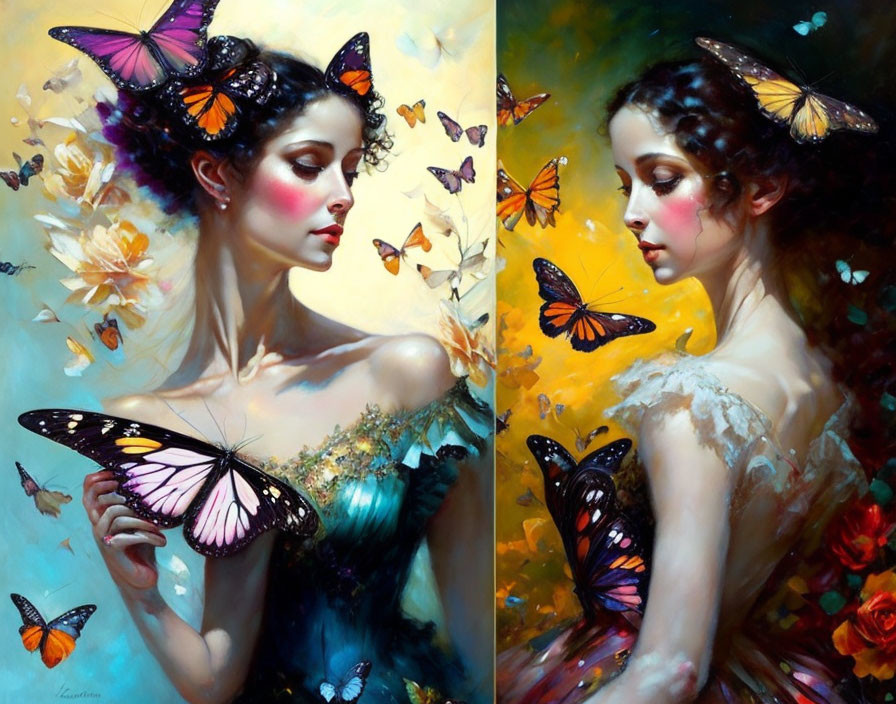 Women with Butterfly-Adorned Hair Surrounded by Colorful Butterflies