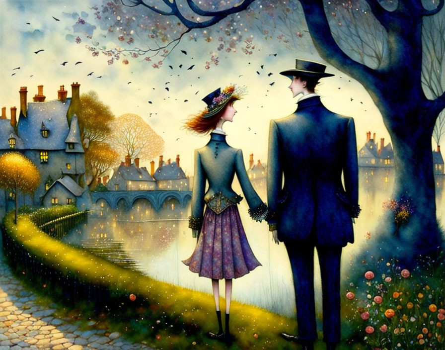 Illustration of couple holding hands by river at twilight