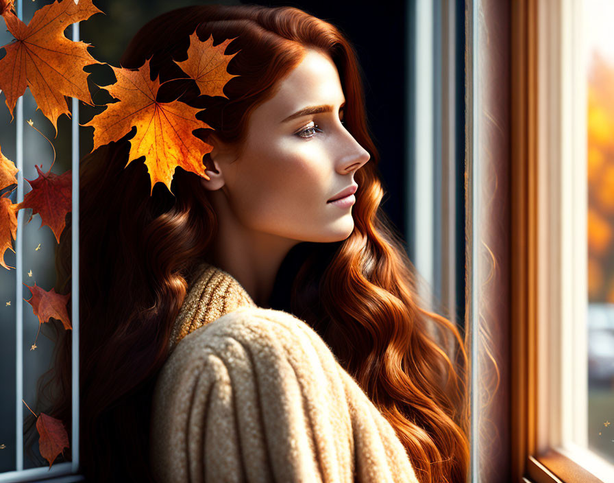 Woman with Long Auburn Hair Looking Out Window with Autumn Leaves