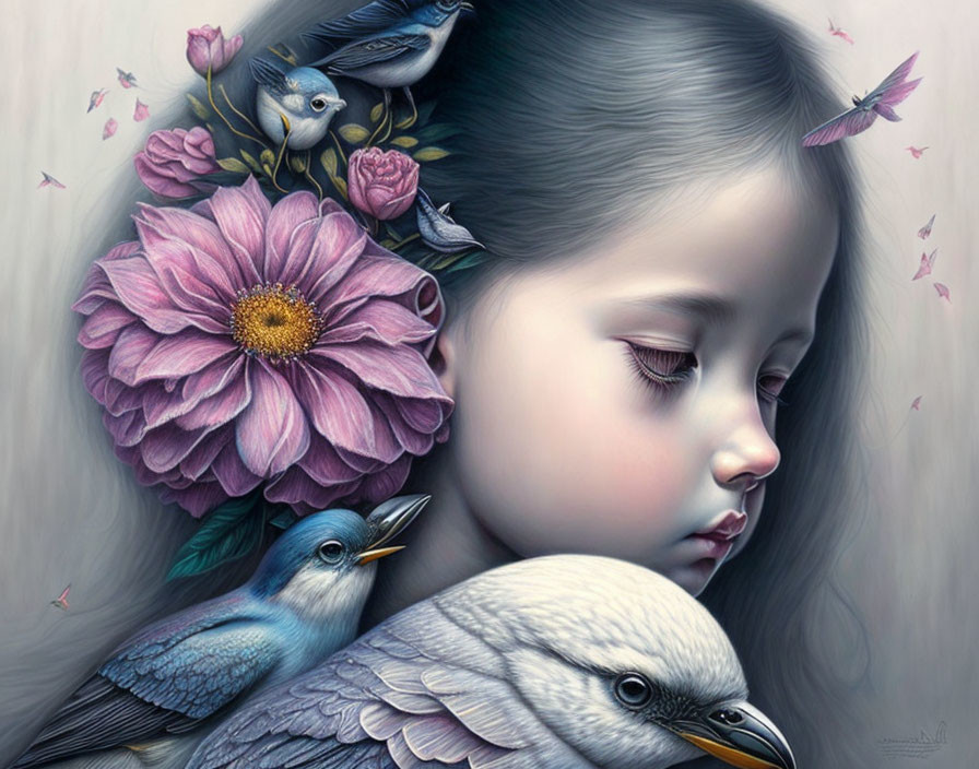 Young girl with wildlife in serene portrait in soft grays, blues, and pinks